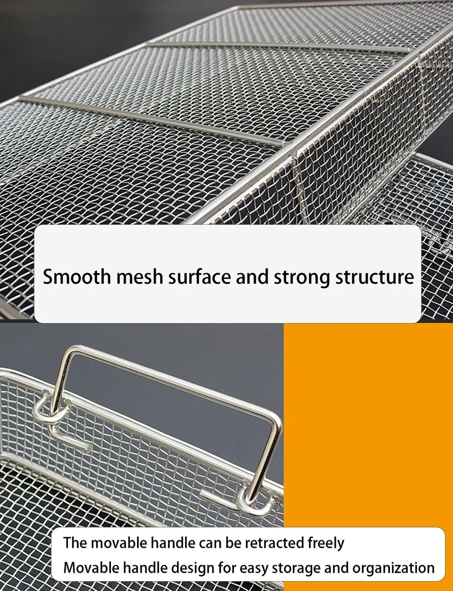 Cesta de alambre inox 304, malla 4 mm, bandeja rectangular, asa móvil