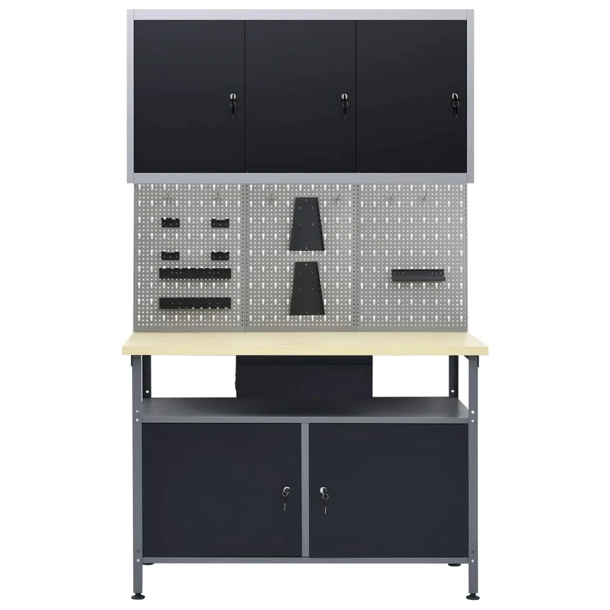 LAPOOH Banco de trabaño con Tres Paneles de Pared y un Armario, Banco De Trabajo, Mesa De Trabajo, Mesa Trabajo Taller, Banco Herramientas,