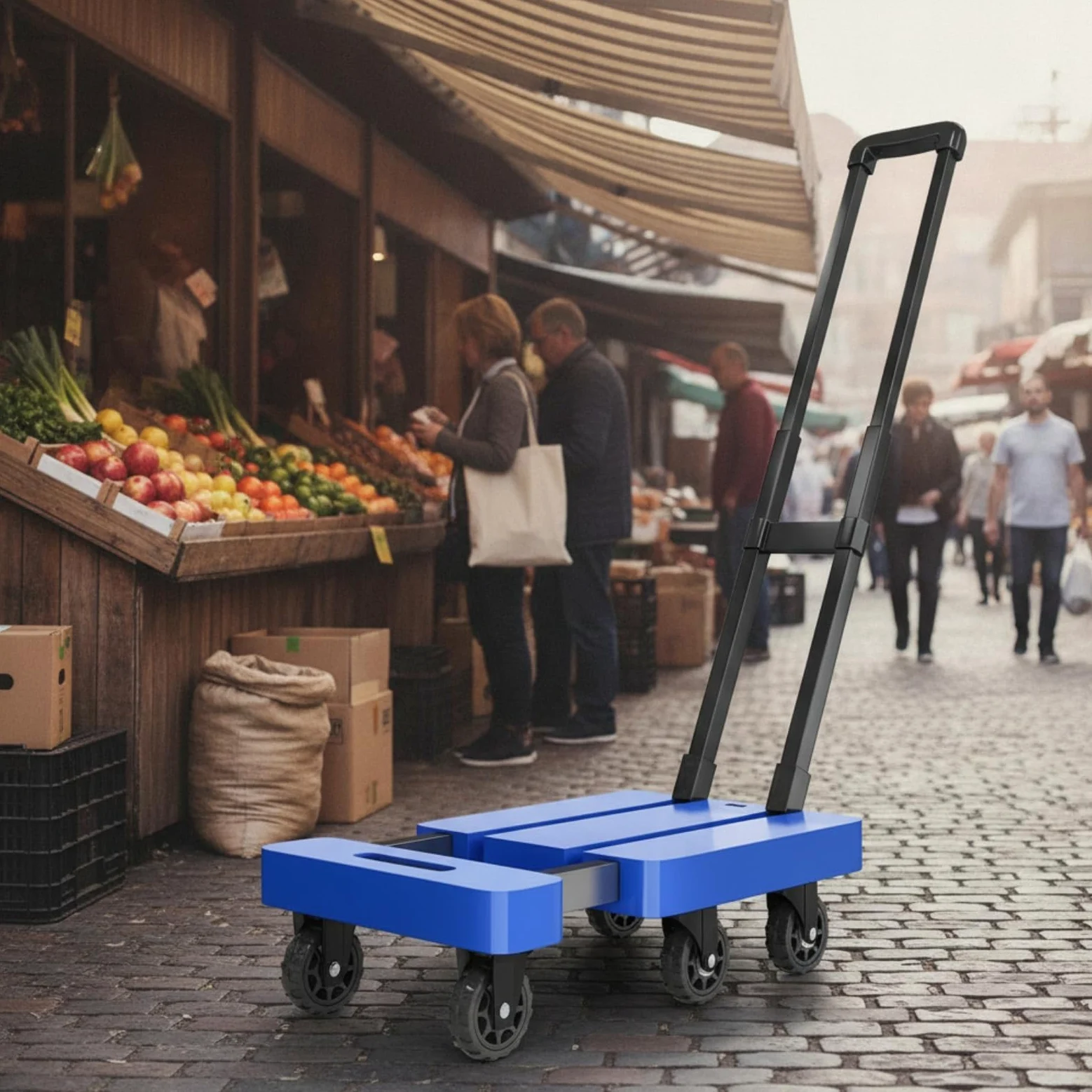 Ronyme Carro Plegable Transpaleta Carrito Estructura de Acero al Carbono y Plástico con 4 Giratorias y 2 Fijas Asa Extensible 90 Cm Apto para Almacén Oficina Mudanzas Automóvil, Azul