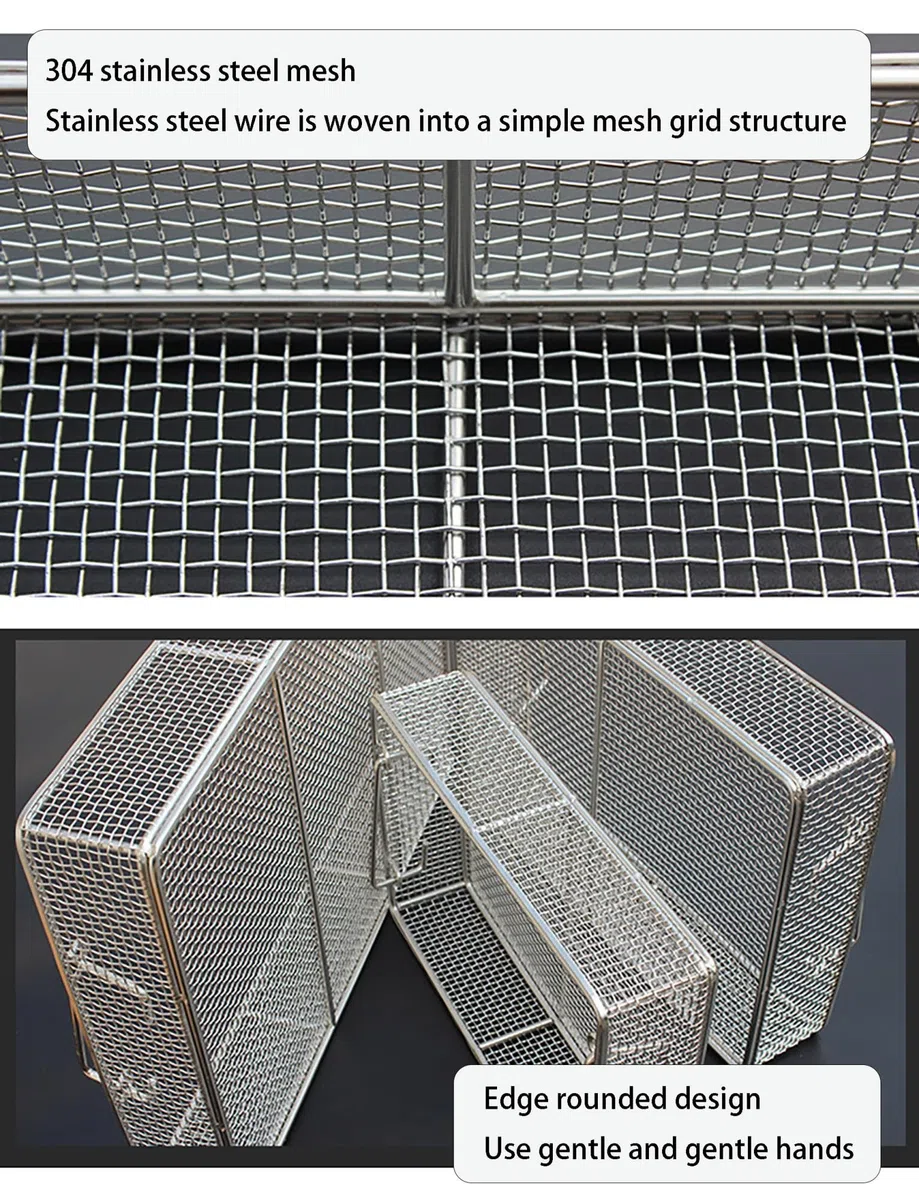 Cesta de alambre inox 304, malla 4 mm, bandeja rectangular, asa móvil