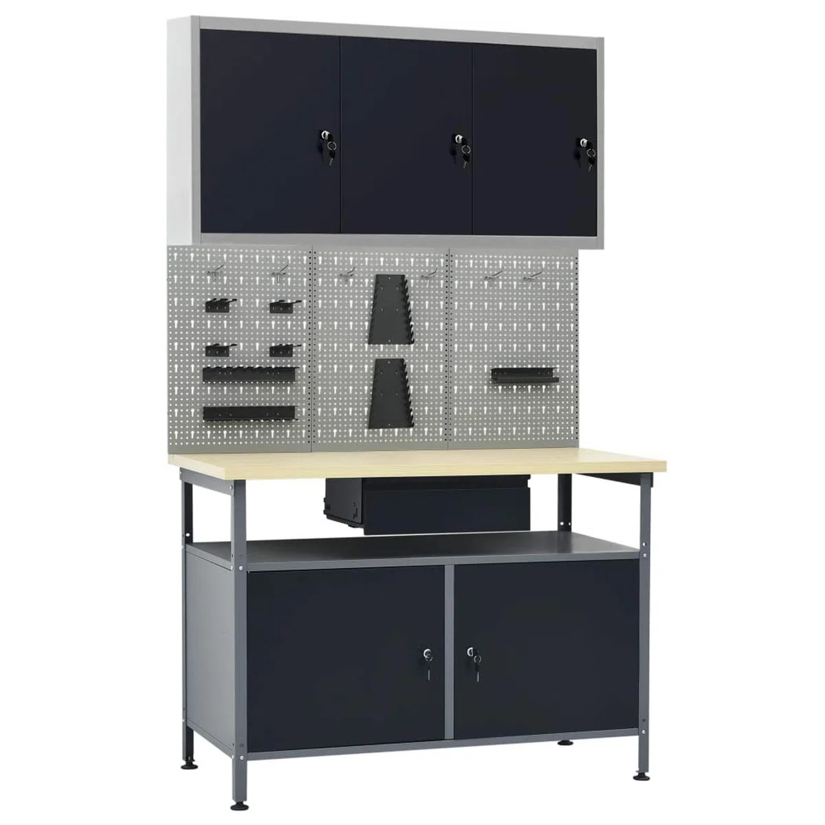 LAPOOH Banco de trabaño con Tres Paneles de Pared y un Armario, Banco De Trabajo, Mesa De Trabajo, Mesa Trabajo Taller, Banco Herramientas,