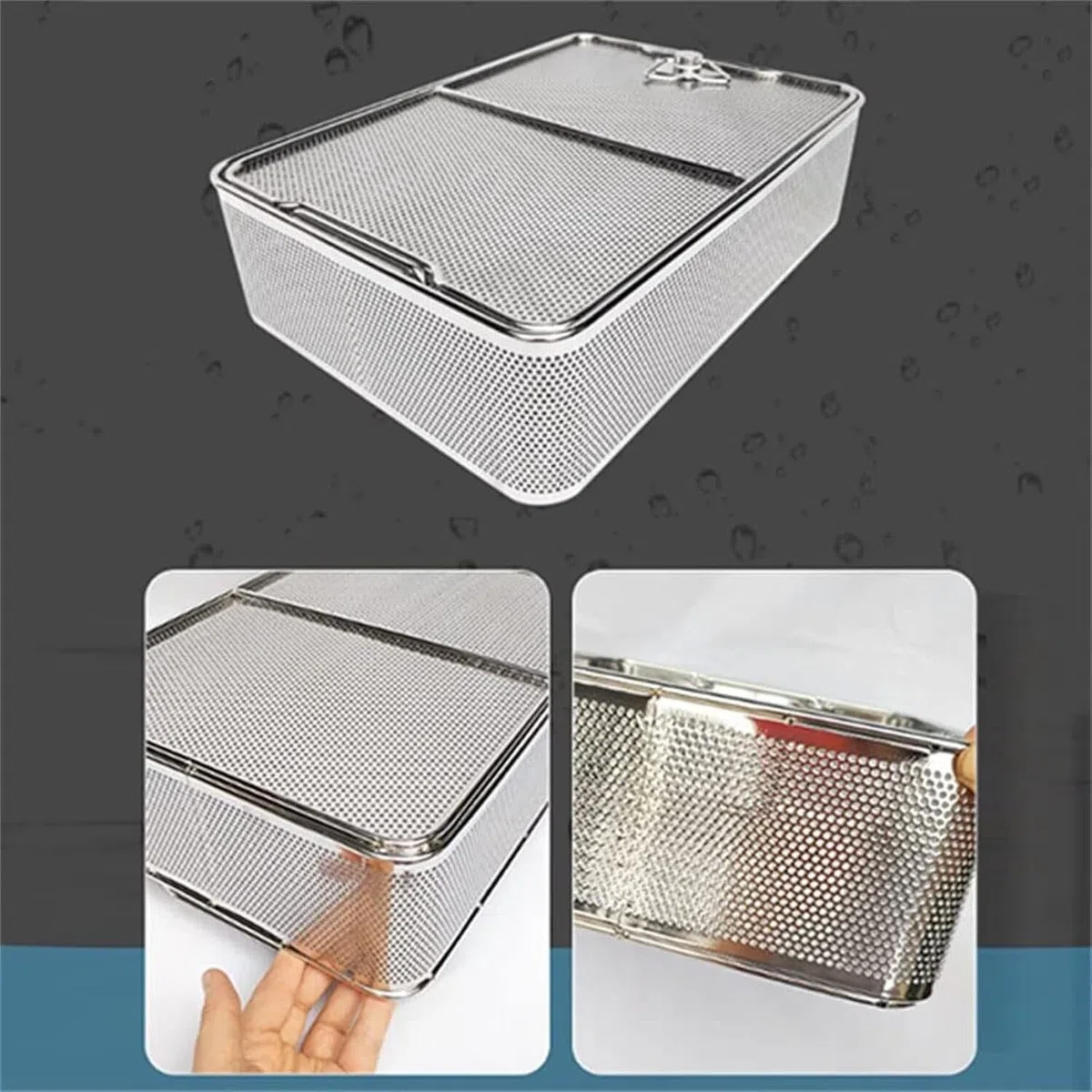 Cestas de esterilización de malla Cesta perforada de acero inoxidable con tapa, for esterilización instrumentos y limpieza ultrasónica(50 * 30 * 7cm)