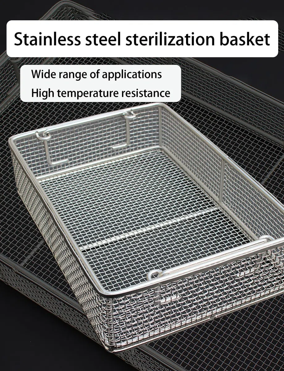 Cesta de alambre inox 304, malla 4 mm, bandeja rectangular, asa móvil