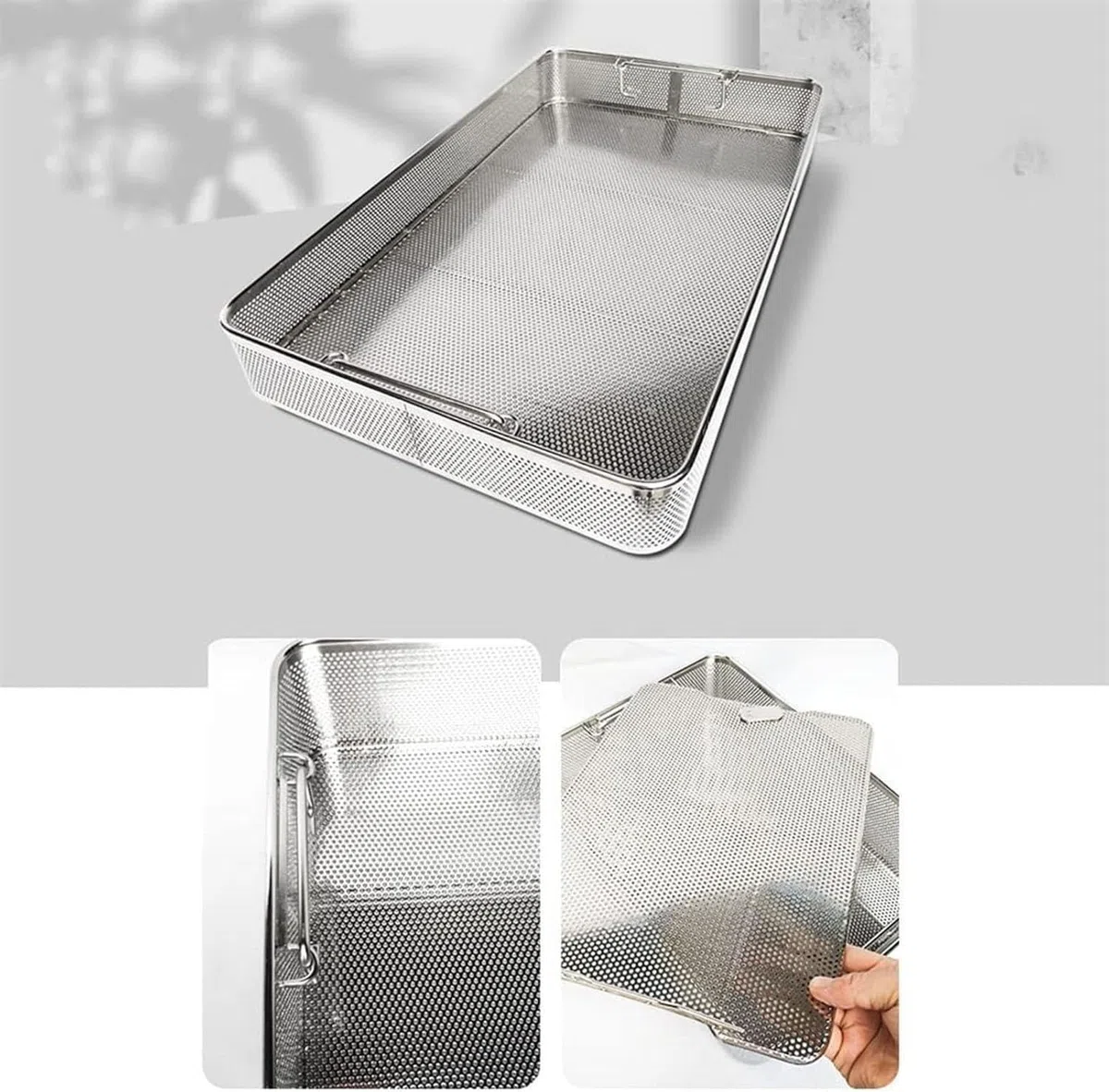 Cestas de esterilización de malla Cesta perforada de acero inoxidable con tapa, for esterilización instrumentos y limpieza ultrasónica(50 * 30 * 7cm)
