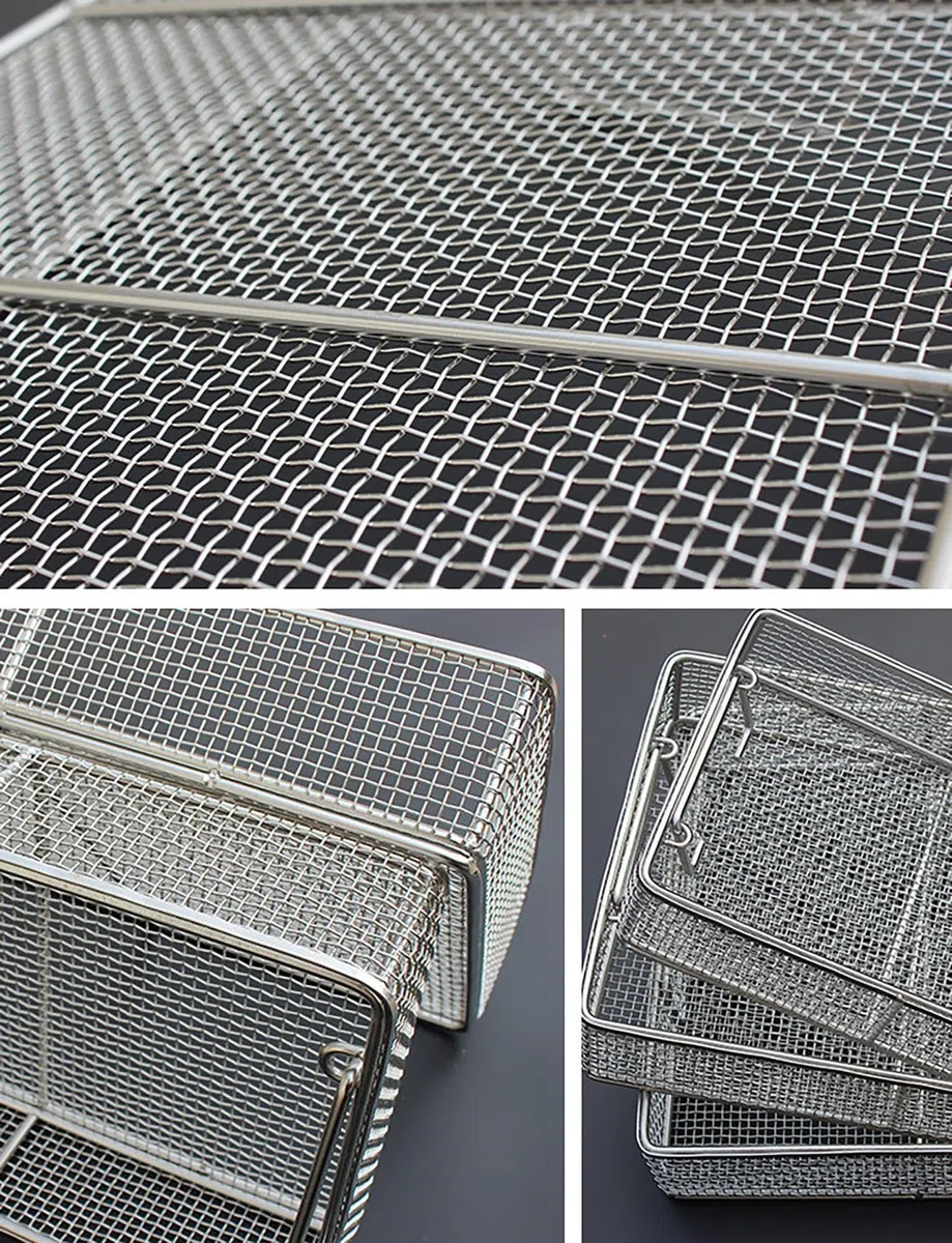 Cesta de alambre inox 304, malla 4 mm, bandeja rectangular, asa móvil