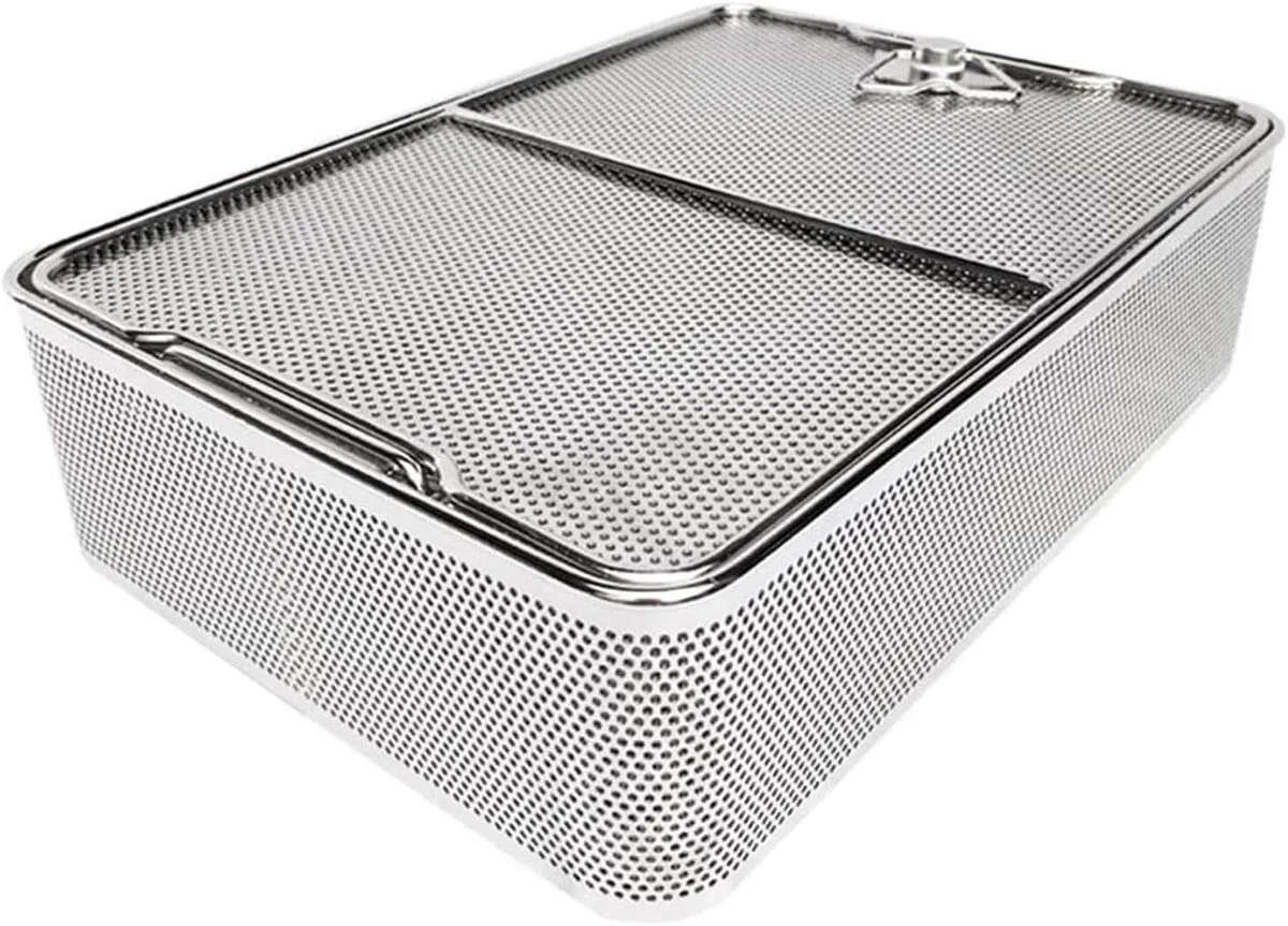 Cestas de esterilización de malla Cesta perforada de acero inoxidable con tapa, for esterilización instrumentos y limpieza ultrasónica(50 * 30 * 7cm)