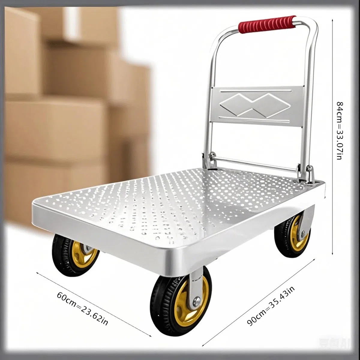Carro de jardín plegable con ruedas, resistente, capacidad de 500 kg, transpalet, fácil almacenamiento, carrito de empuje para almacén y uso al aire libre (tamaño: 90 x 60 cm)