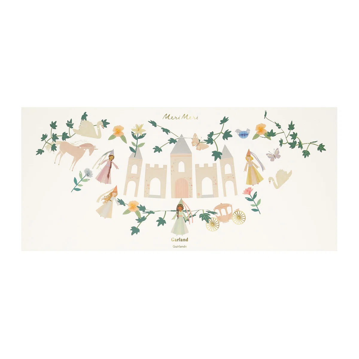 Meri Meri Guirnalda de fiesta de princesa (paquete de 1). Guirnalda de 6 pies, mide 10 pies, incluye exceso de cordón, decoraciones de fiesta de cumpleaños de princesa
