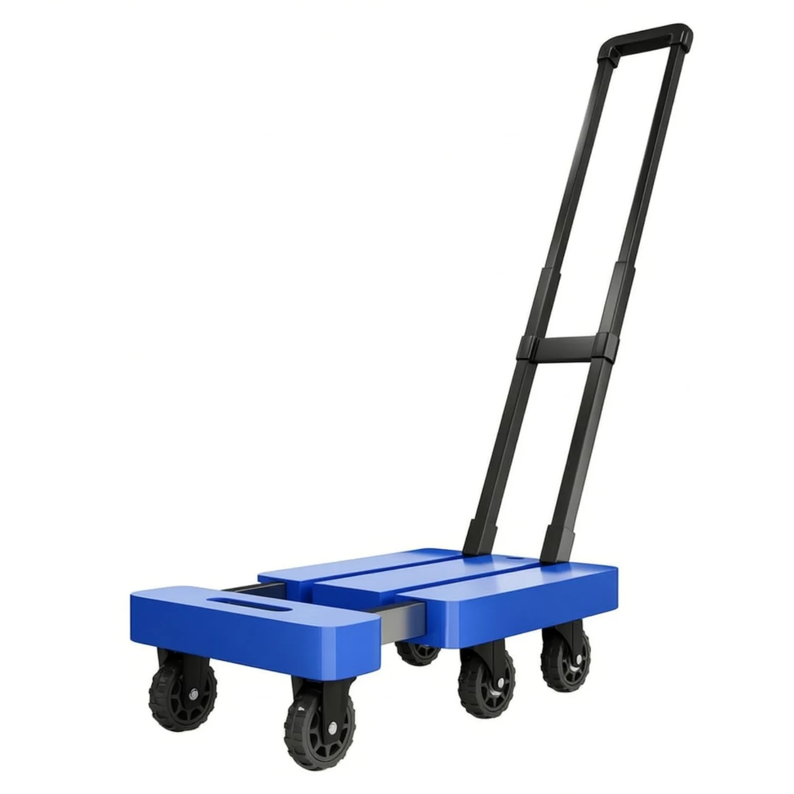 Ronyme Carro Plegable Transpaleta Carrito Estructura de Acero al Carbono y Plástico con 4 Giratorias y 2 Fijas Asa Extensible 90 Cm Apto para Almacén Oficina Mudanzas Automóvil, Azul