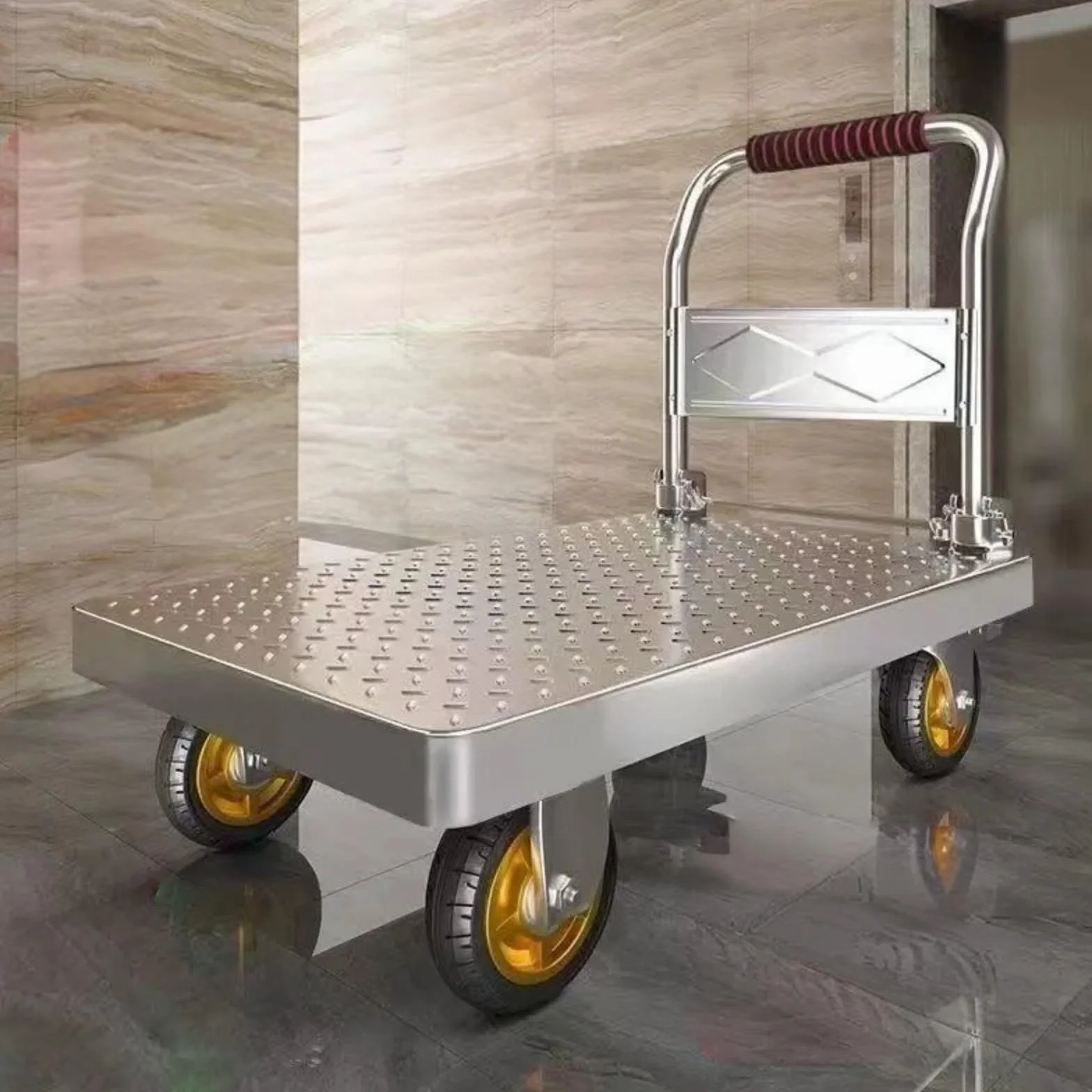 Carro de jardín plegable con ruedas, resistente, capacidad de 500 kg, transpalet, fácil almacenamiento, carrito de empuje para almacén y uso al aire libre (tamaño: 90 x 60 cm)