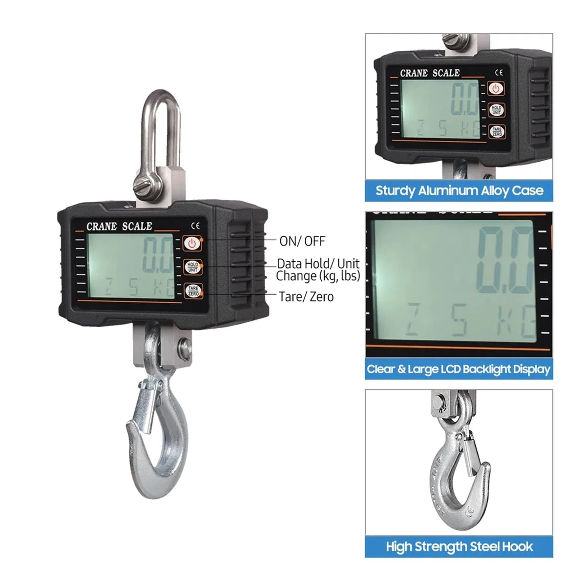 Báscula colgante digital, Báscula colgante Digital, báscula de grúa portátil alta resistencia, retroiluminación LCD, gancho Industrial, cambio unidad/retención datos, 1000kg/ 2204lbs(Nero)