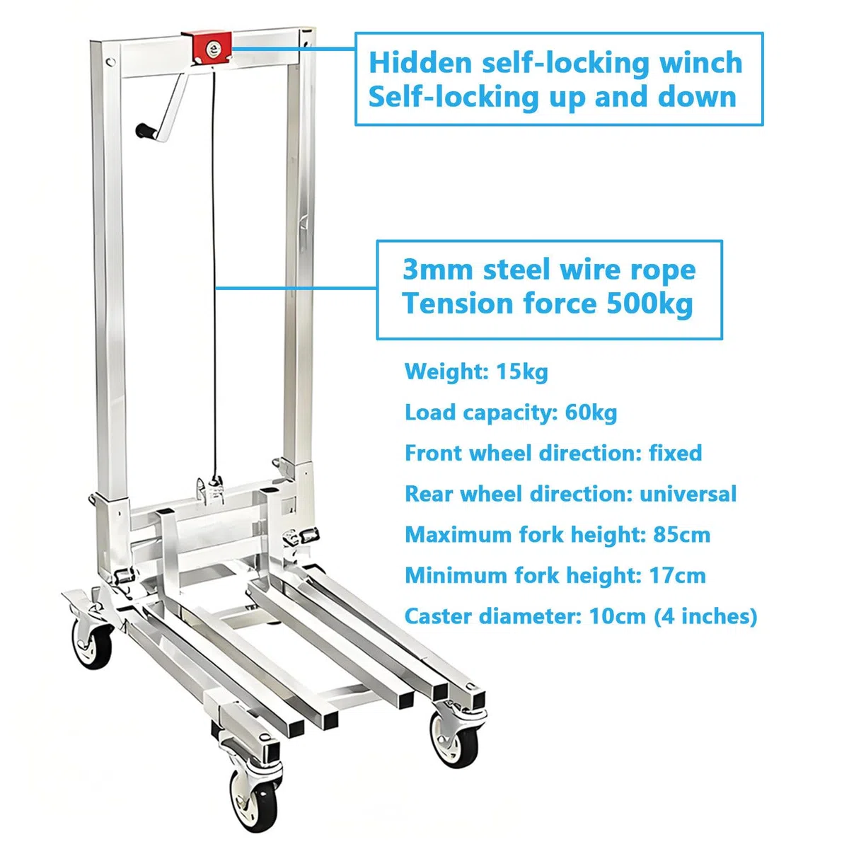 Camión elevador manual de palés, capacidad de 60 kg, plegable, para mudanzas de almacén y oficina
