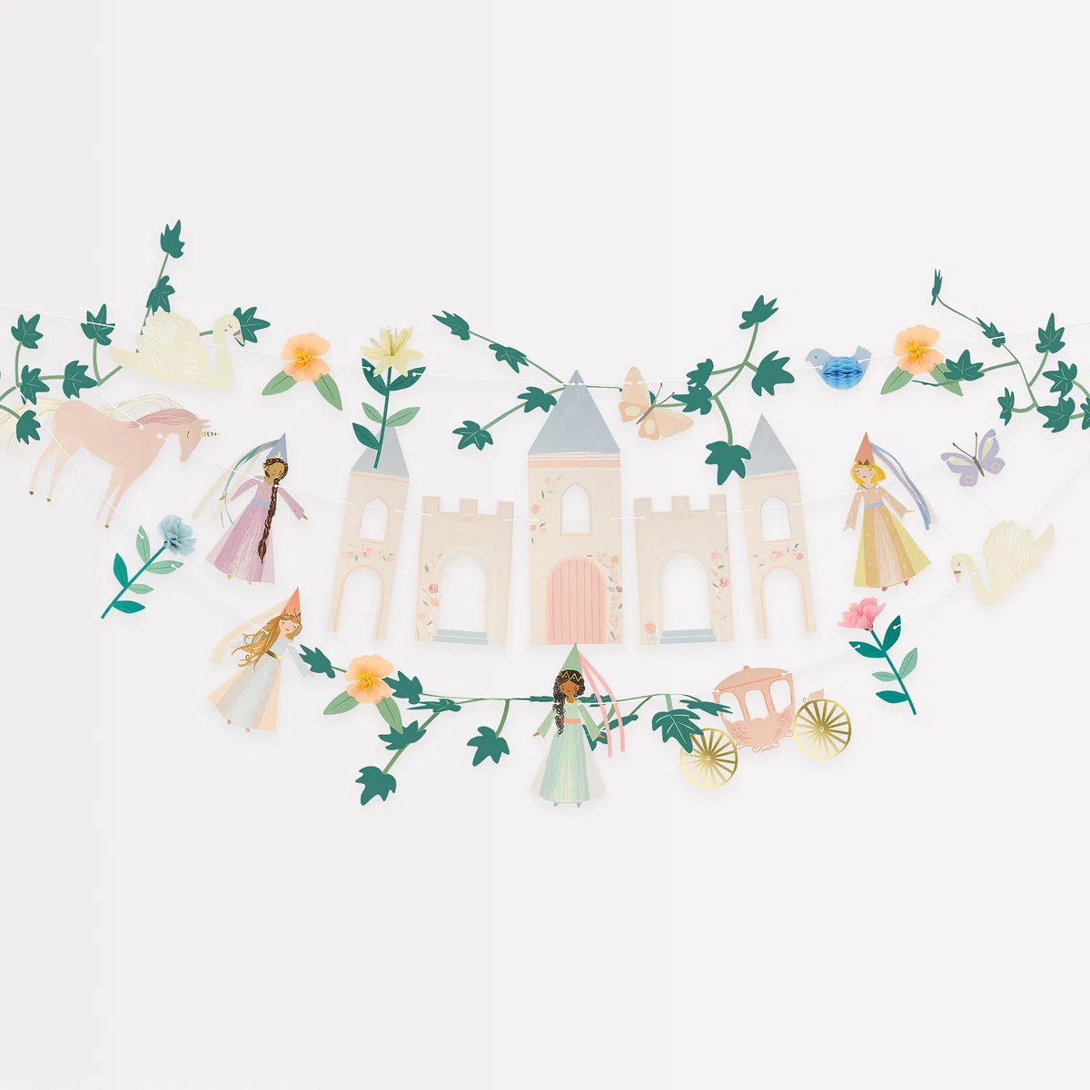 Meri Meri Guirnalda de fiesta de princesa (paquete de 1). Guirnalda de 6 pies, mide 10 pies, incluye exceso de cordón, decoraciones de fiesta de cumpleaños de princesa