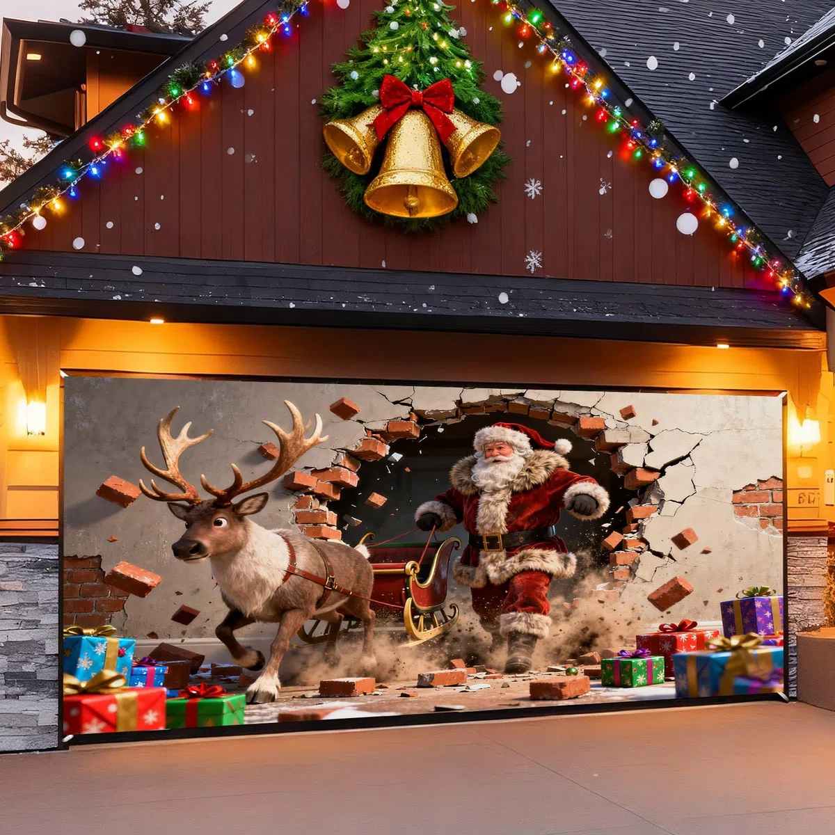 292 - Cartel de felicitaciones con texto en inglés «The Merry Christmas Christmas The Background Party Santa», fotografía de Papá Noel, fondo de puerta de garaje, decoración
