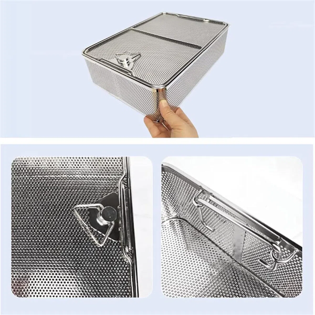 Cestas de esterilización de malla Cesta perforada de acero inoxidable con tapa, for esterilización instrumentos y limpieza ultrasónica(50 * 30 * 7cm)